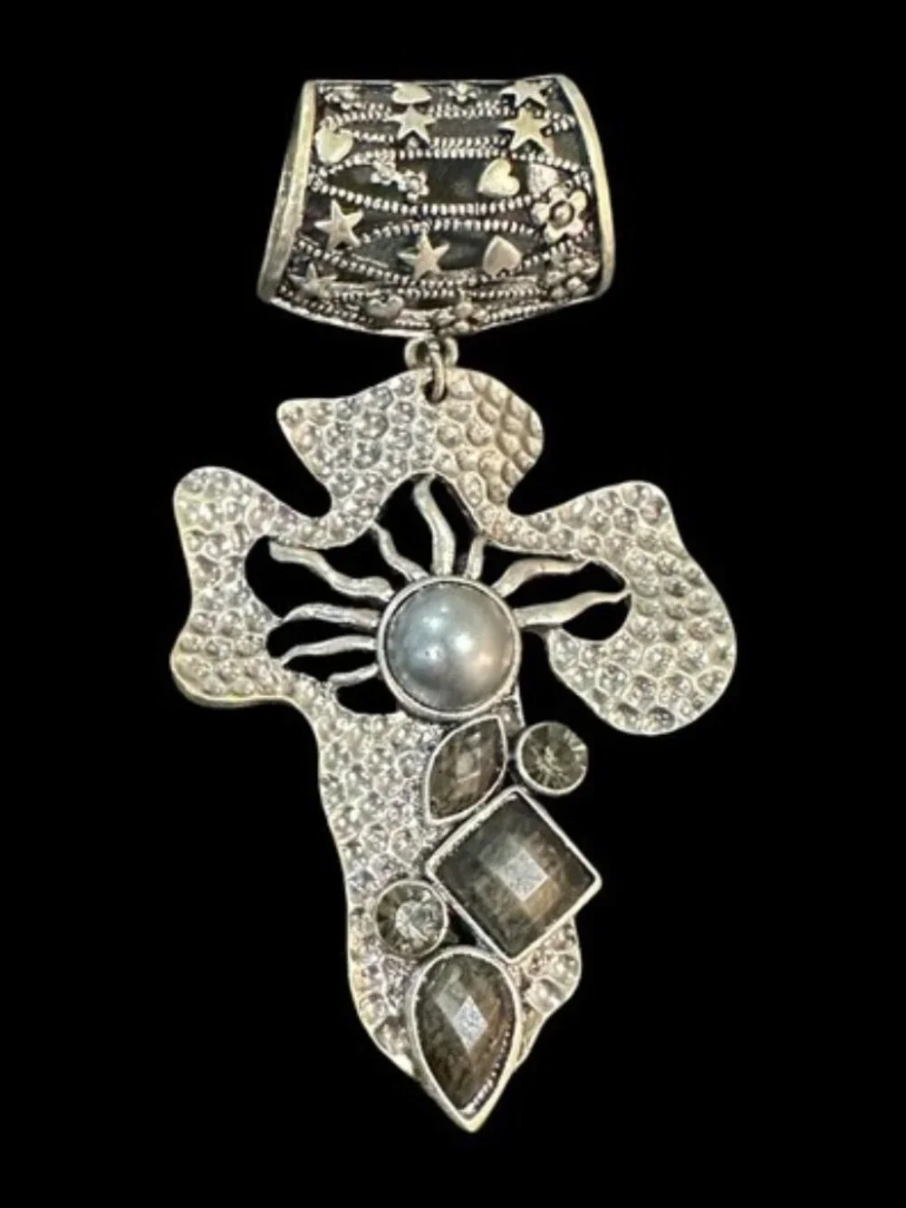Avante Garde Scarf Slider Silver Tone Sunburst Heart Stars Signed GB